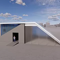 Modern Sloped Roof Building With Glass Walls And Person At Entrance On Open Ground