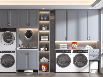 Gray Bathroom Cabinetry with Storage Shelves Washing Machines Dryers and Towels 3d model