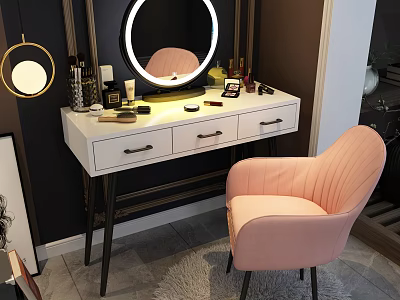 Modern Dressing Table With White Countertop Illuminated Mirror And Pink Chair 3d model