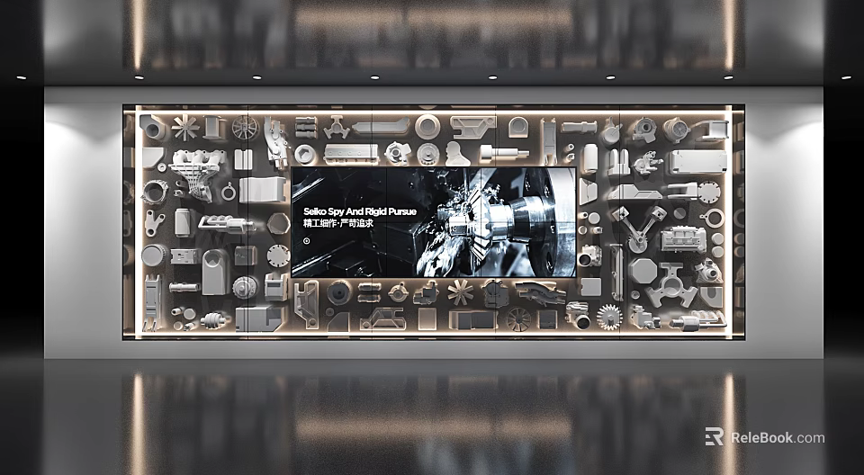 Industrial Tools Exhibition Shelf Showcasing Various Parts and Digital Display Screen 3d model 