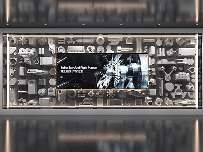 Industrial Tools Exhibition Shelf Showcasing Various Parts and Digital Display Screen 3d model