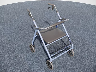 Durable Medical Walker With Blue Frame Brown Seat Metal Basket And Wheels 3d model