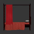 Elegant Four Poster Bed With Dark Wooden Frame Carved Details Red Drapes And White Pillows