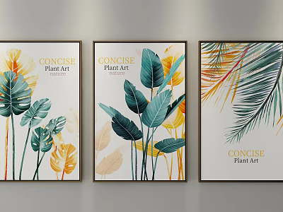 Black Framed Plant Art with Tropical Green Yellow Orange Leaves for Wall Decor 3d model