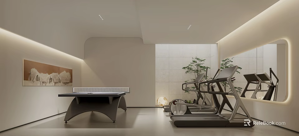 Modern Recreation Room Interior Design With Ping Pong Table Treadmill Plants And Modern Lighting 3d model 