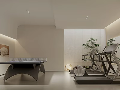 Modern Recreation Room Interior Design With Ping Pong Table Treadmill Plants And Modern Lighting 3d model