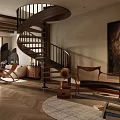 Spacious Duplex Living Room With Wooden Ceiling Beams Ceiling Fan Sofa Coffee Table And Staircase