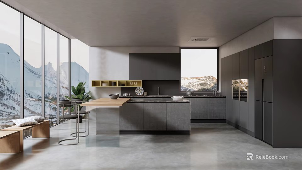 Modern Kitchen Interior With Island Large Windows Mountain View And Dark Cabinets 3d model 