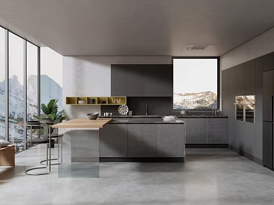 Modern Kitchen Interior With Island Large Windows Mountain View And Dark Cabinets 3d model