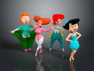 Vibrant Cartoon Female Characters With Various Hairstyles And Colorful Outfits Posing Together 3d model