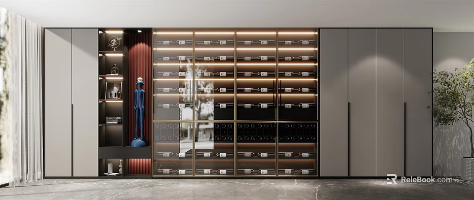 Modern Luxury Wine Cabinet With Glass Door LED Lighting And Storage Shelves 3d model 