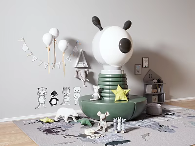 Green Cartoon Dog Shaped Casual Sofa Set In Kids Room With Toys Balloons And Decorations 3d model