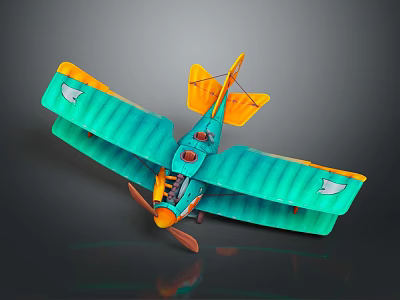 Space Themed Toy Biplane Model With Turquoise Orange Body And Shark Decals Propeller 3d model