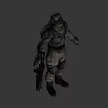Sci Fi Hooded Armored Warrior With Red Eyes Skull Emblem In Combat Suit Holding Weapon