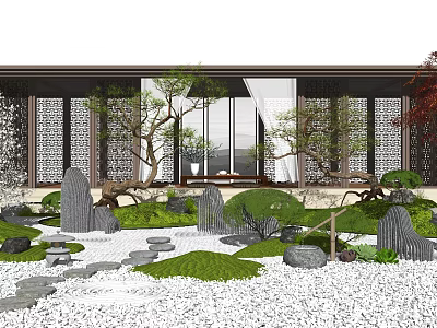 Chinese Style Garden Design With Rockery Stones Greenery White Gravel And Stone Pathway 3d model