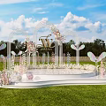 Outdoor Banquet Hall With Floral Arch Pink And White Flowers Lawn White Seats Butterfly Decorations