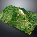 Scenic 3D Terrain Model of Green Mountains With Sunlit Peaks and Lush Vegetation