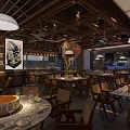 Warm Restaurant Interior With Wooden Ceiling Pendant Lights Dining Tables And Leather Booth Seats