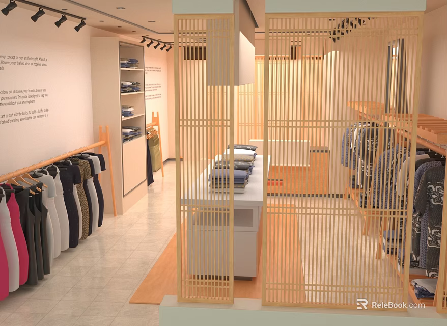 Modern Clothing Store Interior With Hanging Apparel Wooden Grilles And Display Racks 3d model 