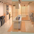 Modern Clothing Store Interior With Hanging Apparel Wooden Grilles And Display Racks