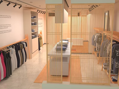 Modern Clothing Store Interior With Hanging Apparel Wooden Grilles And Display Racks 3d model