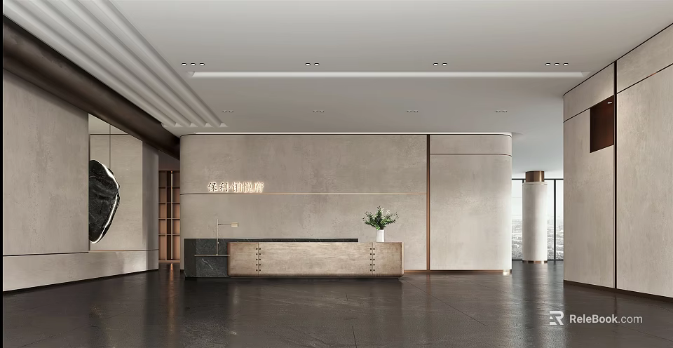 Modern Reception Desk Interior Design With Gray Wall And Potted Plant Decor 3d model 