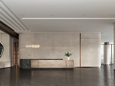 Modern Reception Desk Interior Design With Gray Wall And Potted Plant Decor 3d model