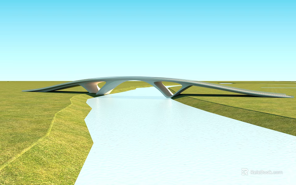 Modern Bridge Design Over River With Green Grassland And Blue Sky 3d model 