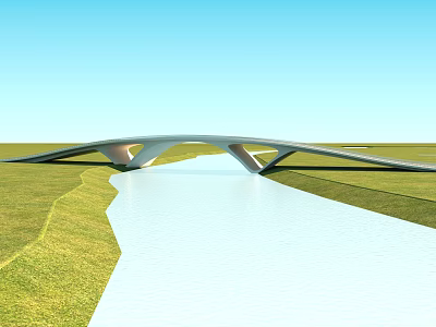 Modern Bridge Design Over River With Green Grassland And Blue Sky 3d model