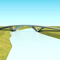 Modern Bridge Design Over River With Green Grassland And Blue Sky