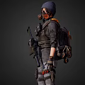 Tactical Character Wearing Gas Mask and Cap in Dark Combat Outfit With Rifle