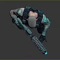 Sci Fi Character With Bald Head Blue Arms And Large Gun In Combat Gear