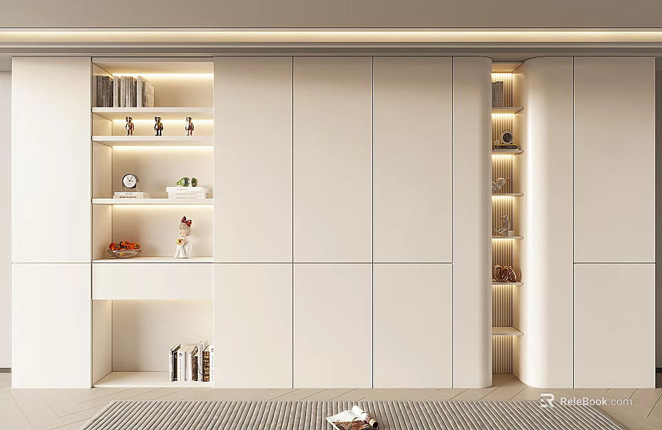 Modern White Storage Cabinet Interior With Open Shelves Books And Decorations 3d model 