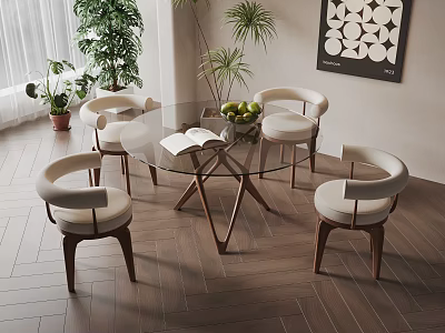 Modern Round Glass Dining Table Set With Curved Backrest Chairs White Cushions And Green Plants 3d model