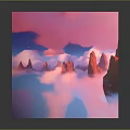 Colorful Cartoon Scene Cube With Pink Blue Clouds And Red Spire Landscapes