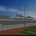 Modern Stadium With Red Running Track Green Lawn Grandstands And Floodlights