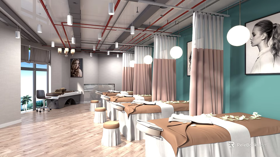 Serene SPA Sauna Interior Design With Treatment Beds Pastel Curtains And Light Blue Walls 3d model 