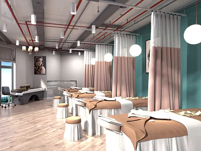 Serene SPA Sauna Interior Design With Treatment Beds Pastel Curtains And Light Blue Walls 3d model