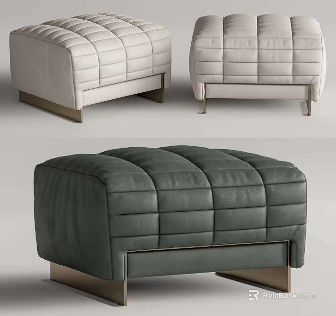 Modern Tufted Ottoman in Beige and Dark Green with Metal Legs Design 3d model 