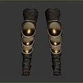 Medieval Brown Knee Armor With Golden Metal Plates And Leather Covering Gear