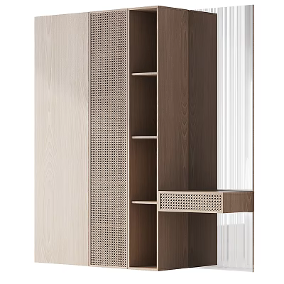 Modern Wardrobe With Light And Dark Wood Panels Perforated Design And Open Shelves 3d model