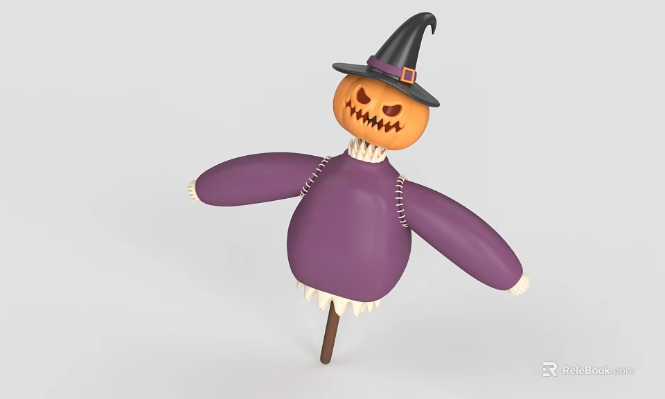 Halloween Scarecrow Decoration With Pumpkin Head Witch Hat And Purple Sweater 3d model 