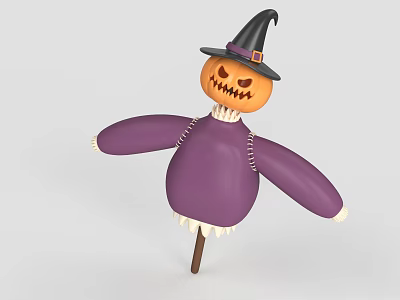 Halloween Scarecrow Decoration With Pumpkin Head Witch Hat And Purple Sweater 3d model