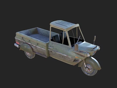 Vintage Green Three Wheeled Truck With Open Cargo Bed And Single Seat Cabin 3d model