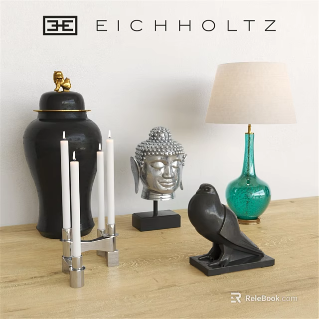 Stylish Decorative Ornament Set With Black Jar Silver Buddha Head Green Lamp And Bird Figurine 3d model 