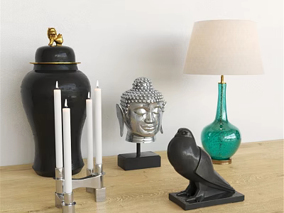 Stylish Decorative Ornament Set With Black Jar Silver Buddha Head Green Lamp And Bird Figurine 3d model
