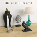 Stylish Decorative Ornament Set With Black Jar Silver Buddha Head Green Lamp And Bird Figurine