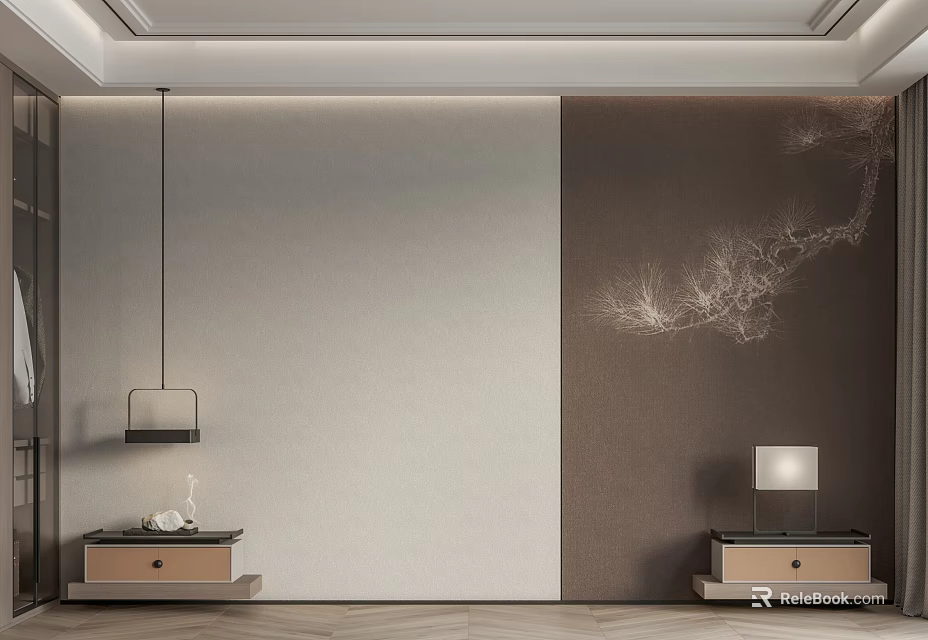 Modern Bed Background Wall With Two Tone And Tree Decor 3d model