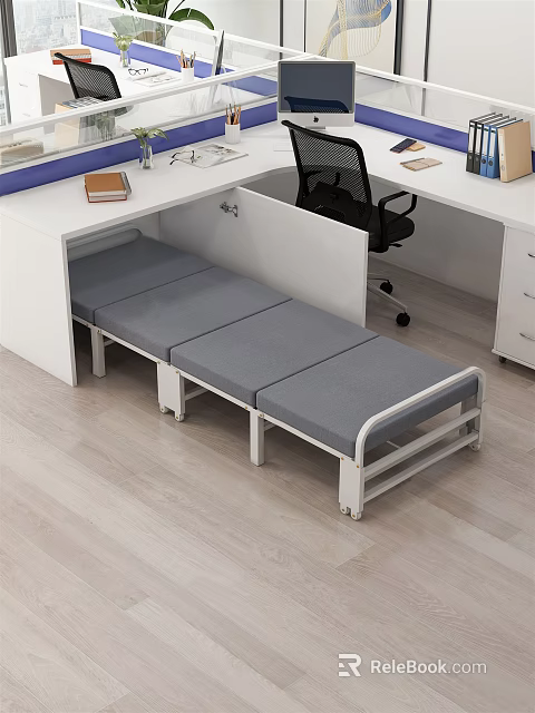 Single Bed Hidden Under White Desk With Gray Mattress And Metal Frame In Modern Room 3d model 