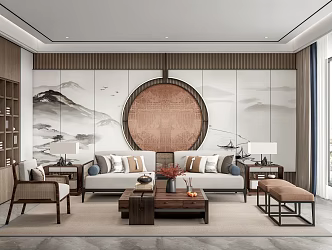 New Chinese Style Living Room Sofa Coffee Table Combination Leisure Chair Sofa Stool Multi-Person Sofa Carpet 3d model